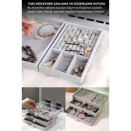 Alvo Store Modern Gri 3 Çekmeceli Takı Bijuteri Mücevher Kutusu Organizer Düzenleyici Şeffaf 13 x 23 x 10 cm - Görsel 4