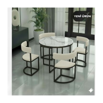 Edmonda Ev Aksesuar Melis Metal 90 cm Çap Yuvarlak Yemek Masası Takımı 4 Kişilik Balkon Masası Mutfak Masası Takımı