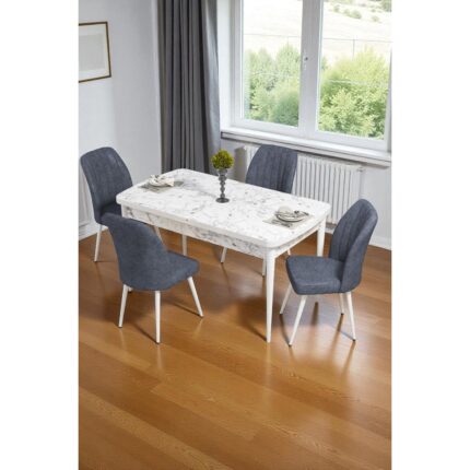 Baresmu Bara Beyaz Mermer 80X132 Açılabilir Sunta Masa Yemek Odası Takımı, Mutfak Takımı 4 Adet Sandalye