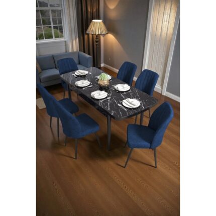 Baresmu Bara Siyah Mermer 80X132 Açılabilir Sunta Masa Yemek Odası Takımı, Mutfak Takımı 6 Adet Sandalye - Görsel 2