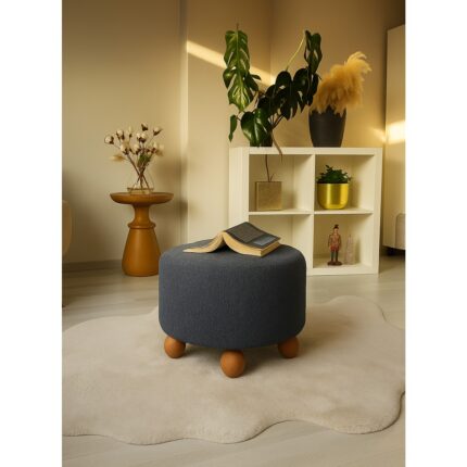 Mutlu evimiz  Lacivert Dokulu Kumaş Ahşap Ayaklı Puf – Modern Dekoratif Oturma Pufu, Minimal Salon Pufu - Lacivert  Puf – Ahşap Top Ayaklı Modern Dekoratif Oturma Pufu - Ayak Uzatma Pufu