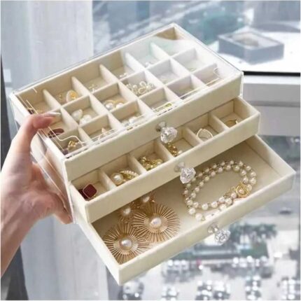 TE Dükkan Buğz 3 Çekmeceli Bölmeli Şeffaf Kadife Mücevher Takı Kutusu Küpe Yüzük Kolye Düzenleyici Organizer
