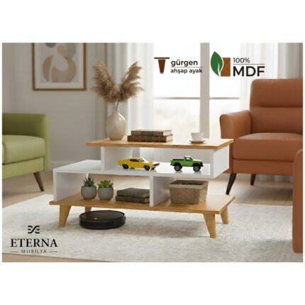 Eterna Mobilya Asima Orta Sehpa | Beyaz- Çam | Tamamı Mdf | Ahşap Ayak | 92 cm