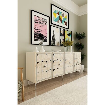 Ceneyra KA1803BTS- Moka Konsol , Tv Sehpası , Çok Amaçlı Dolap 180CM Beyaz-Traverten-Gümüş