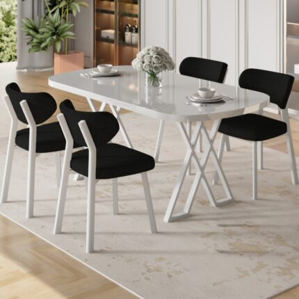 Canisa Axton Serisi Sabit Mdf 90X168 Beyaz Mutfak Masa Takımı 4 Siyah Sandalye