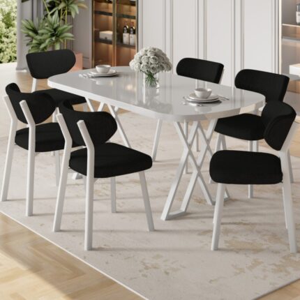 Canisa Axton Serisi Sabit Mdf 90X168 Beyaz Mutfak Masa Takımı 6 Siyah Sandalye