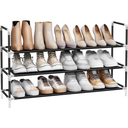 Mena Rise 3 Katlı Ayakkabı Rafı, Antre Dolabı Için Ayakkabı Saklama Çözümü, ve Yer Tasarrufu Sağlayan, Metal Çerçeve, Dokuma Olmayan Kumaş Raflar, Siyah LSH053B01