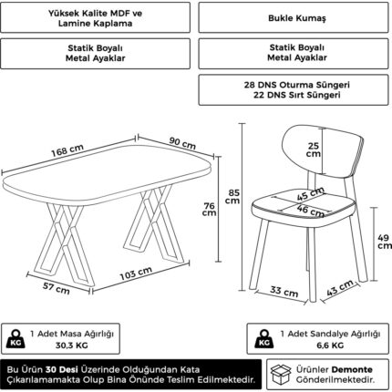 Canisa Axton Serisi Sabit Mdf 90X168 Siyah Mermer Desen Mutfak Masa Takımı 6 Sandalye - Görsel 4