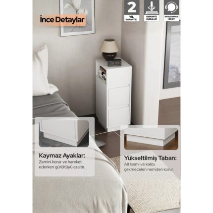 Mobilya Pratik Alve Dar Komodin – 2 Çekmeceli, Değiştirilebilir Açık Bölmeli Yan Sehpa Yatak Odası & Oturma Odası Minimal Tasarım - Görsel 5