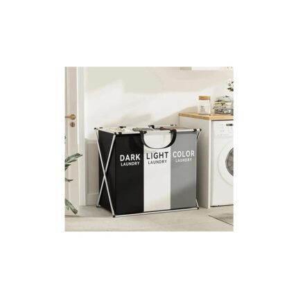Leaf Shop Home 3 Bölmeli Katlanabilir Çamaşır Sepeti – Siyah, Beyaz ve Gri Renklerde, Dayanıklı ve Şık Tasarım, Makinede Yıkanabilir Kumaşlı, Alüminyum Gövdeli, 64X42X58 cm Boyutlarında