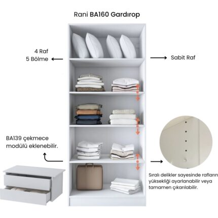 Rani BA160 Gardırop 2 Kapaklı Seyyar Raflı Elbise Dolabı Beyaz - Görsel 5