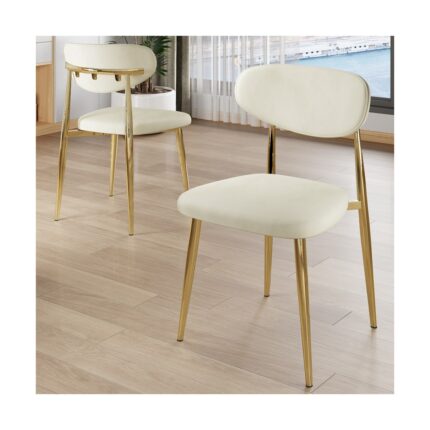 Canisa Olya Serisi 90X168 Lak Panel Beyaz Mermer Desen Masa Takımı Gold Ayaklı 4 Krem Sandalye - Görsel 4