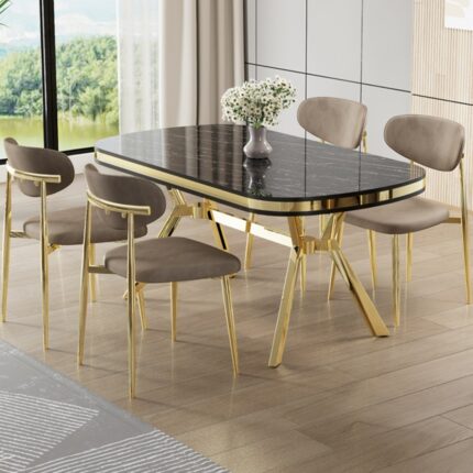 Canisa Olya Serisi 90X168 Lak Panel Sonata Masa Takımı Gold Ayaklı 4 Cappucino Sandalye