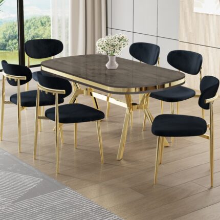 Canisa Olya Serisi 90X168 Lak Panel Antrasit Ironi Masa Takımı Gold Ayaklı 6 Antrasit  Sandalye