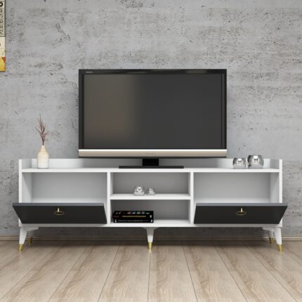 FERNISO Altın Kulplu Modern Ayaklı Tv Sehpası Beyaz-Gri - Görsel 3